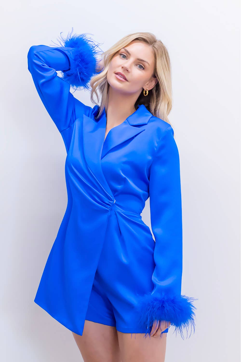 LR70066T-Satin romper with feather detail sleeve