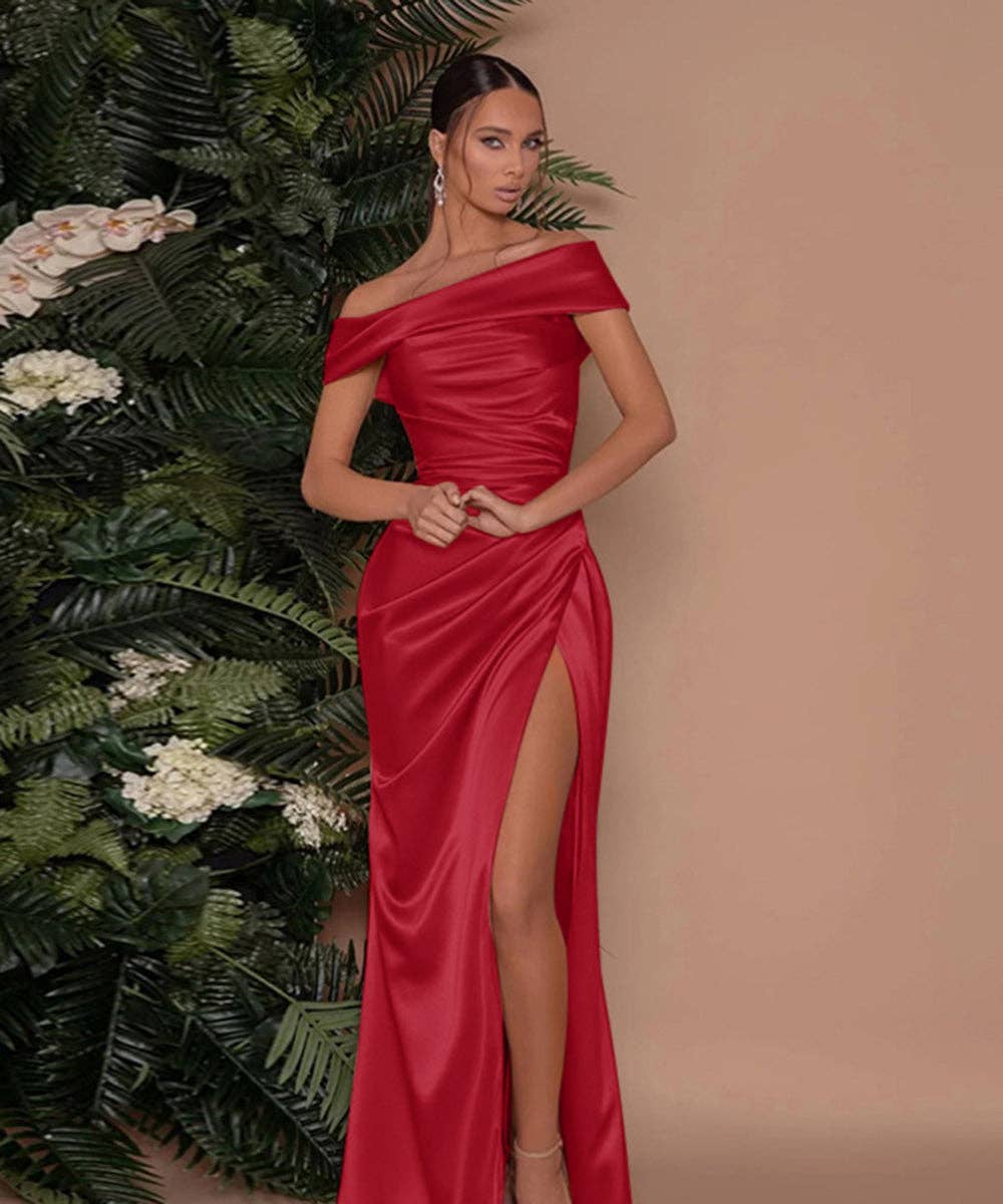 Asymmetric High-Slit Evening Dress