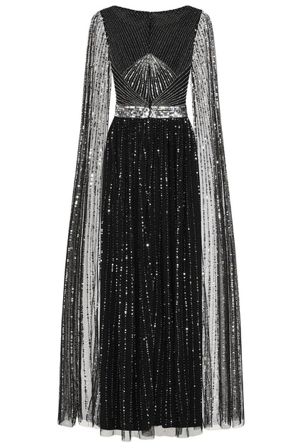 Ula Black Embellished Cape Sleeve Maxi Dress: PETITE 8 / Black