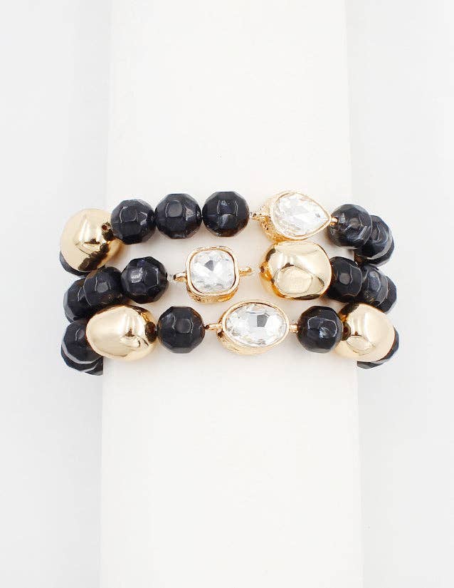 Black, Cream, and Crystal Set of Three Natural Beaded Stretch Bracelets