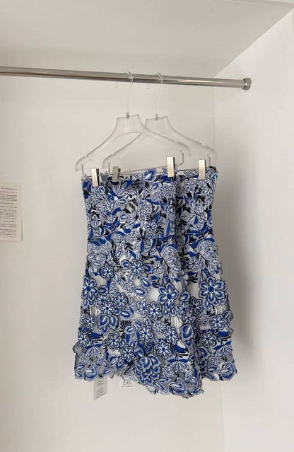 Lace Embroidery Short Tube Dress with Blue Contrast