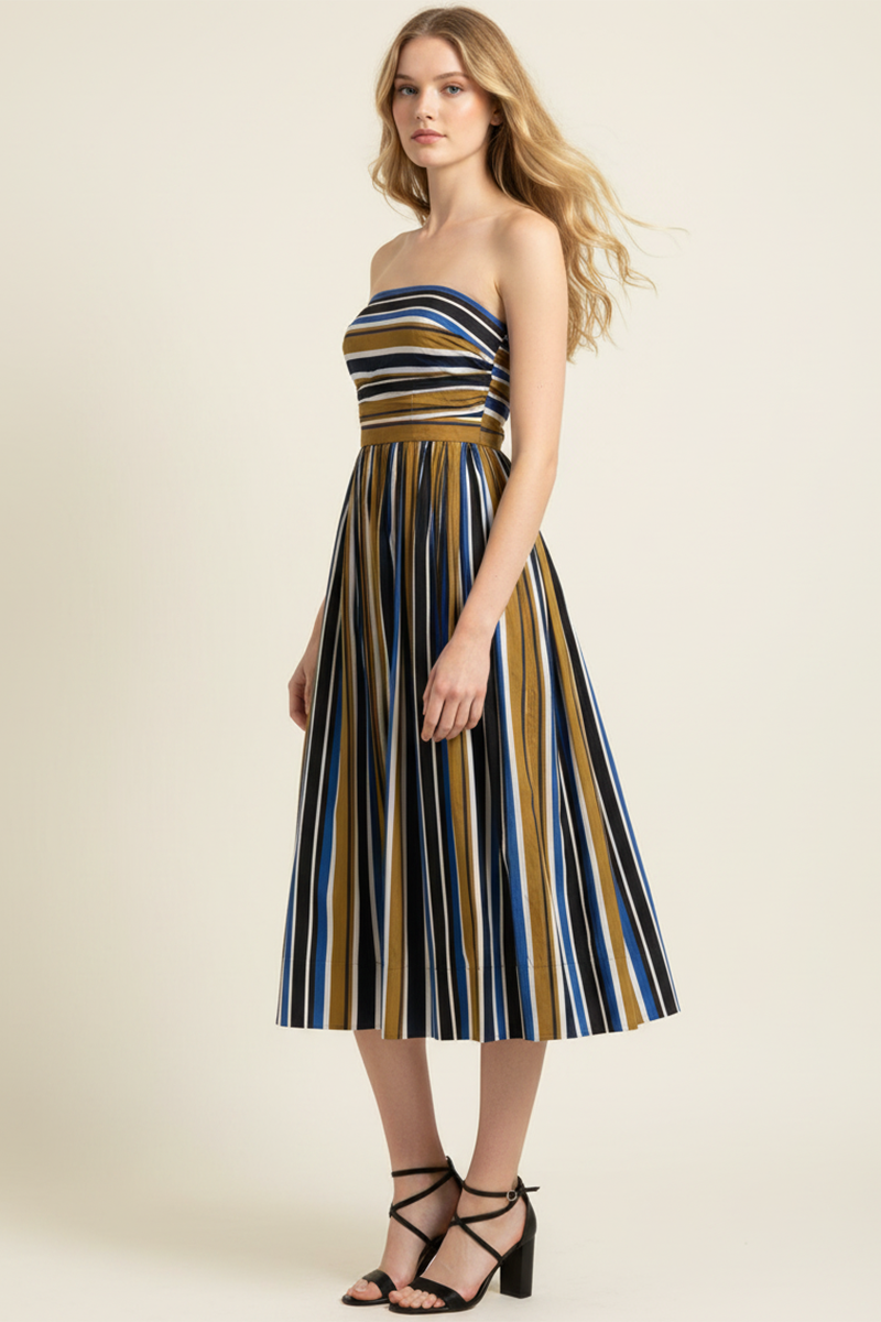 MULTI-COLOR STRIPE RUCHED TUBE MIDI DRESS - 6608DD