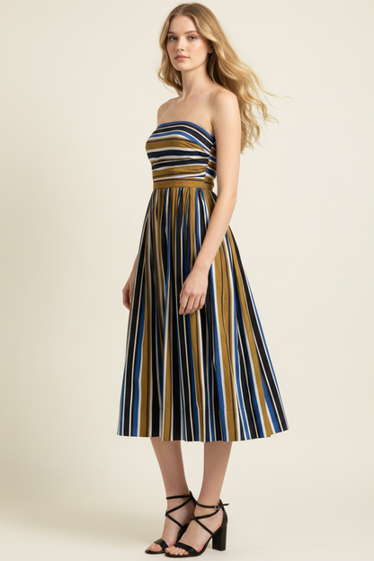 MULTI-COLOR STRIPE RUCHED TUBE MIDI DRESS - 6608DD