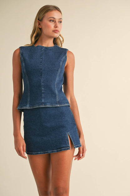 Denim Open Back Top With Bow Detail & Mini Skirt