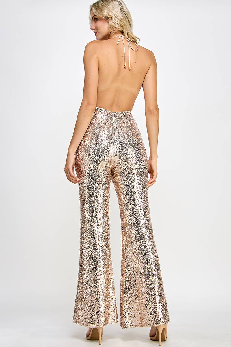 Cowl Halter Neck, Open Back Sequin Jumpsuit