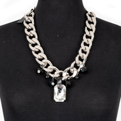 Silver Chain Statement Necklace with Crystal Pendant