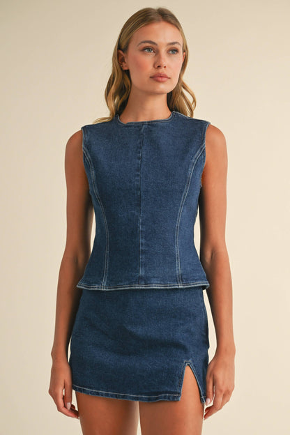 Denim Open Back Top With Bow Detail & Mini Skirt