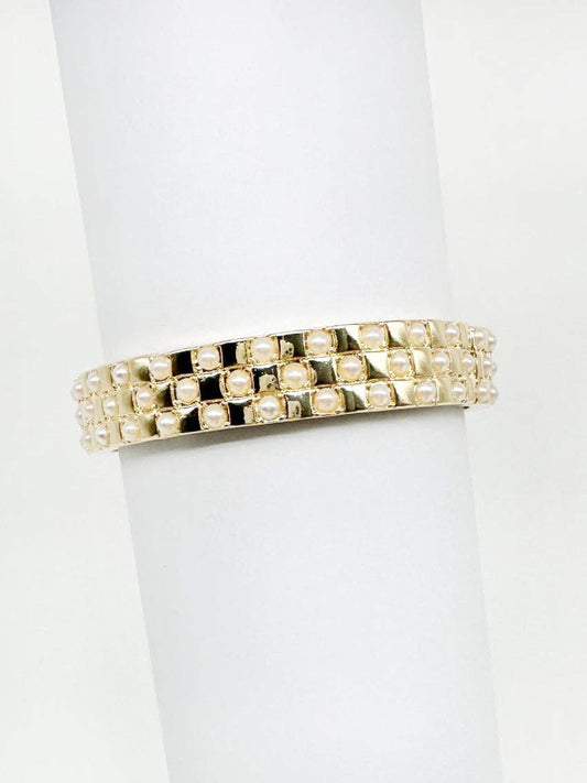 Gold with Pearl Squared Pattern Stretch Bracelet