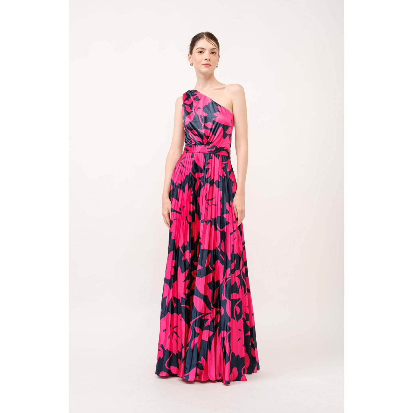 One Shoulder Satin Floral Print Pleated Maxi Dress