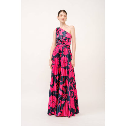 One Shoulder Satin Floral Print Pleated Maxi Dress