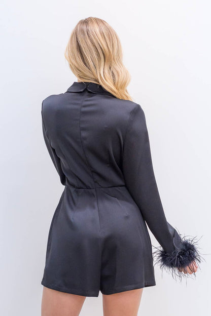 LR70066T-Satin romper with feather detail sleeve