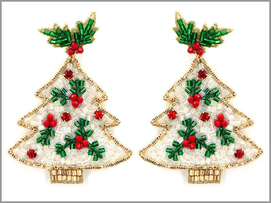 White with Green and Red Seed Bead Christmas Tree 2.5" Earring