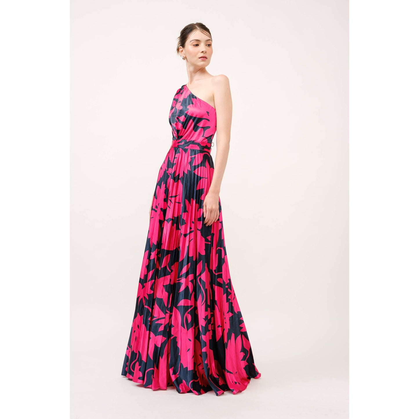 One Shoulder Satin Floral Print Pleated Maxi Dress