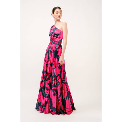 One Shoulder Satin Floral Print Pleated Maxi Dress