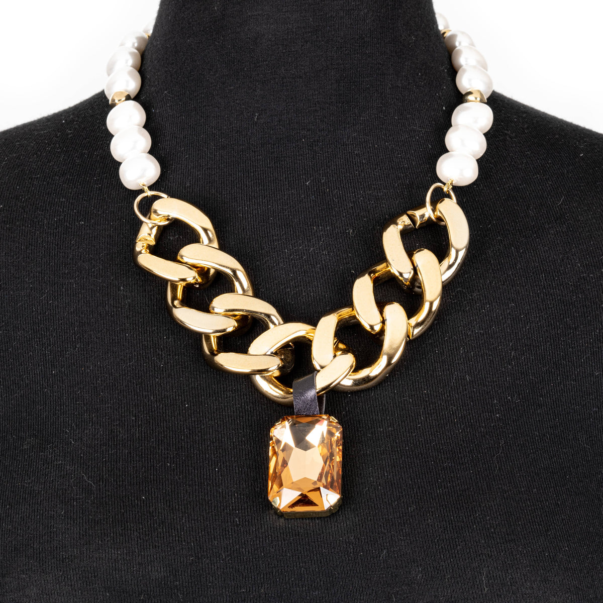 Gold Chain & Pearl Necklace with Amber Crystal Pendant