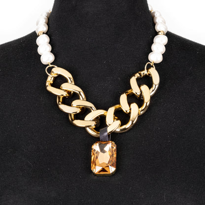 Gold Chain & Pearl Necklace with Amber Crystal Pendant