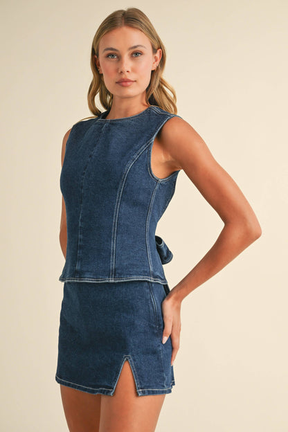 Denim Open Back Top With Bow Detail & Mini Skirt