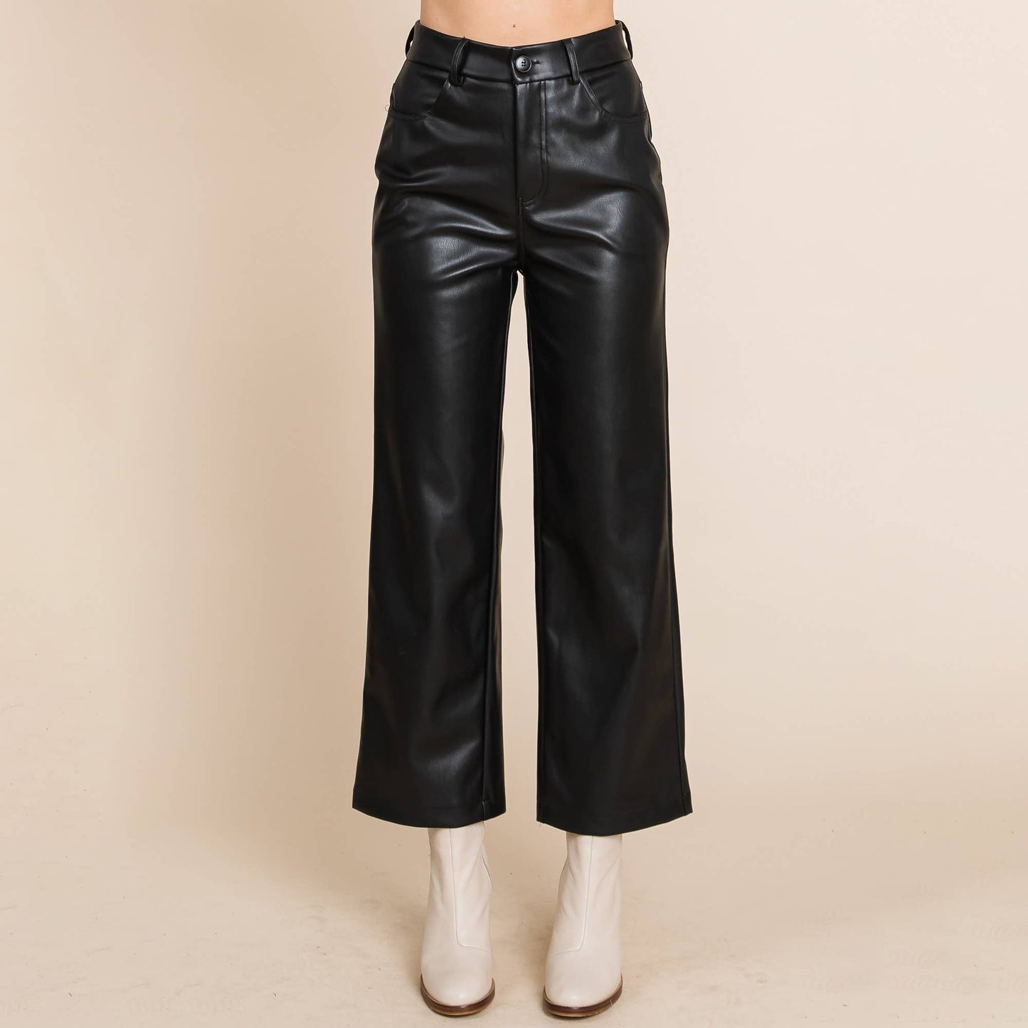 Wide Leg Fleece Faux Leather Pants