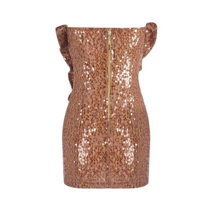 3D Floral Sequin Strapless Ruffle Evening Dress