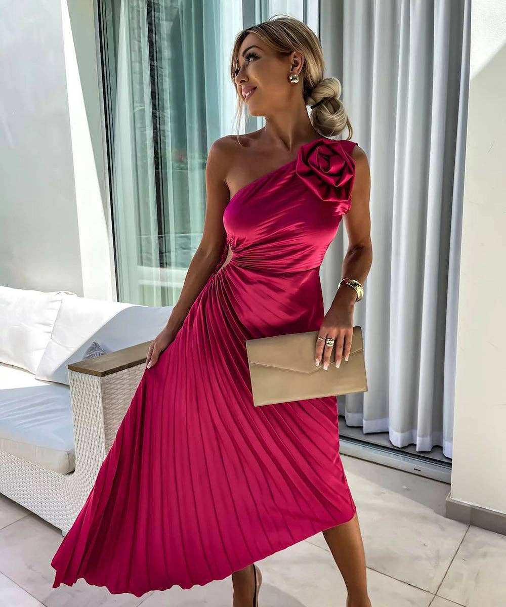 Asymmetric Shoulder Pleated Gown
