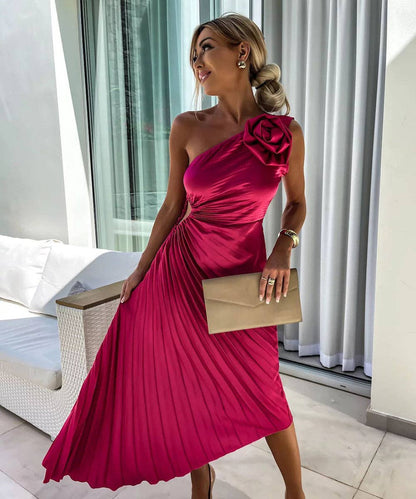 Asymmetric Shoulder Pleated Gown
