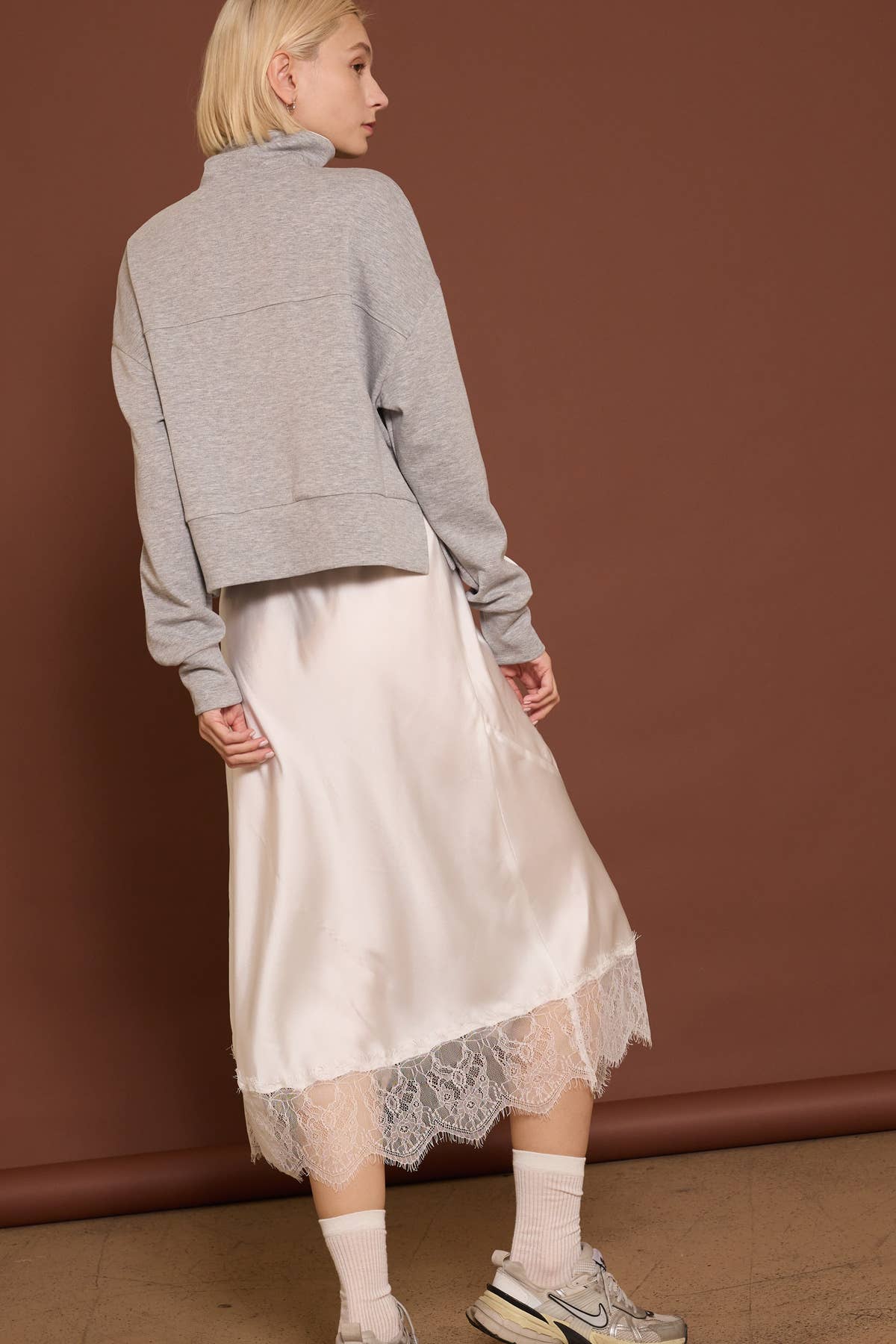 Lace Trim Satin effect Comfy Slit Midi Skirt