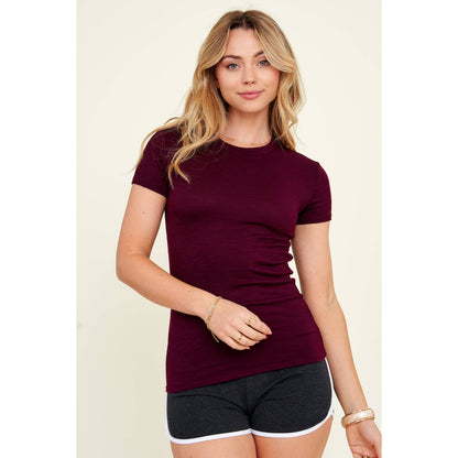 Crew Neck Short Sleeve Rib Knit Basic Tee