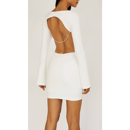 open back dress with chain CRYSTAL CHAIN EMBROIDERY SATIN SLEEVELESS EVENING DRESS WITH OPEN BACK