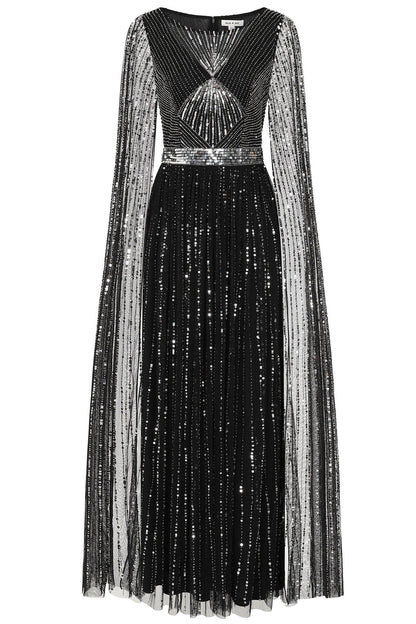 Ula Black Embellished Cape Sleeve Maxi Dress: PETITE 8 / Black