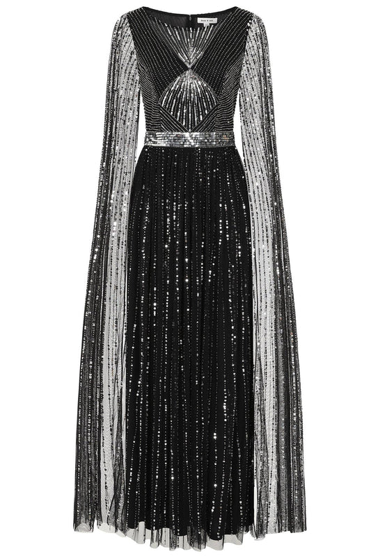 Ula Black Embellished Cape Sleeve Maxi Dress: PETITE 8 / Black
